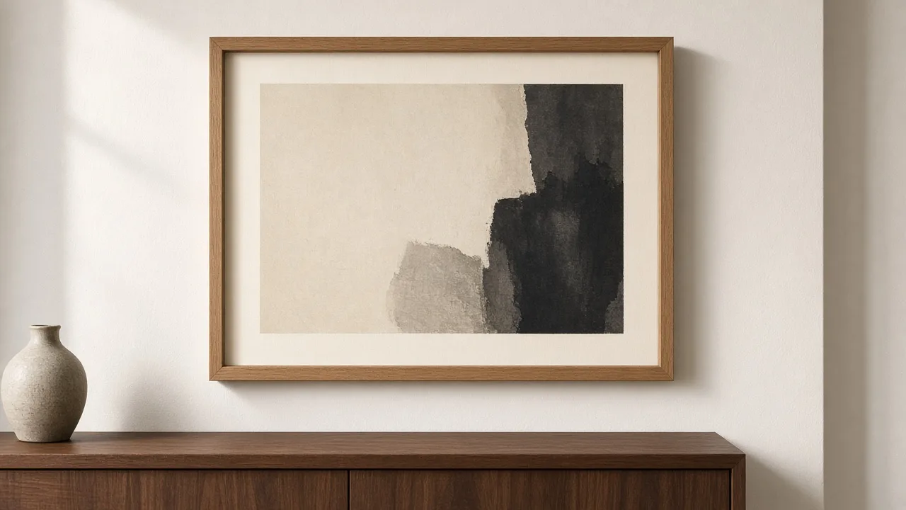 Natural oak rectangle frame holding abstract art in a warm interior