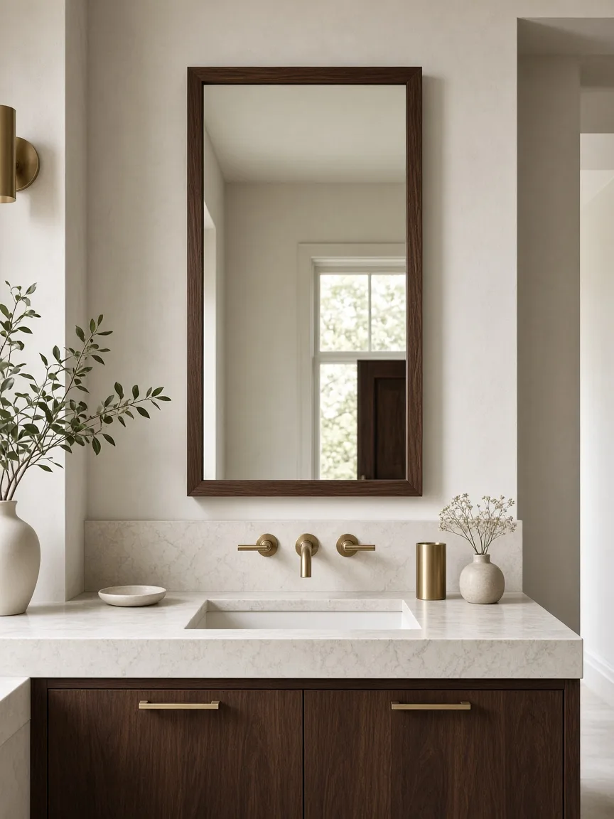 Tall walnut rectangle mirror frame in a bathroom